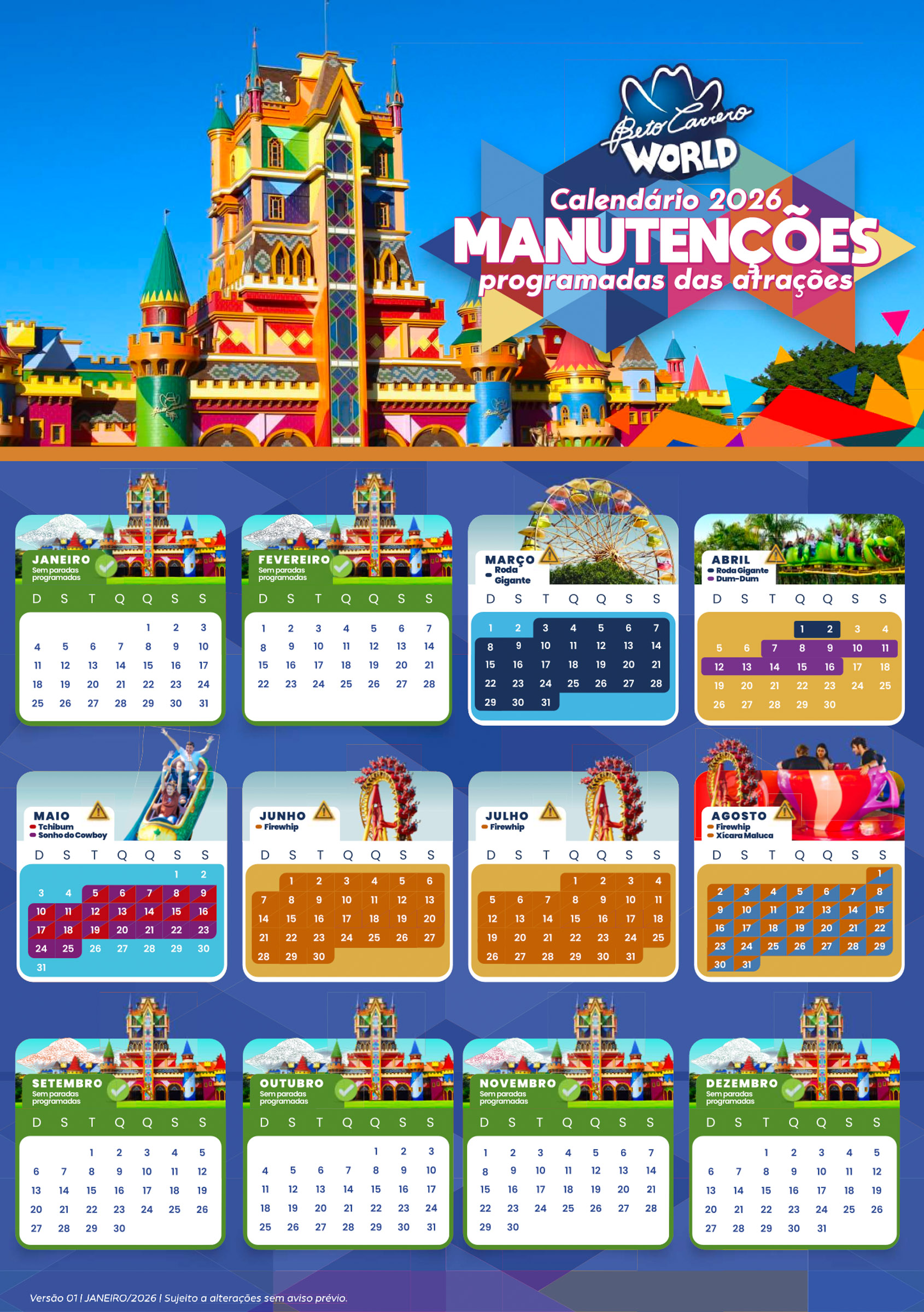 Calendário de funcionamento brinquedos Beto Carrero